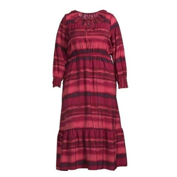 TERRA & SKY Peasant Tiered Long Sleeve Maxi Dress Plus 30W Washy Stripe Rose NWT - Picture 1 of 13